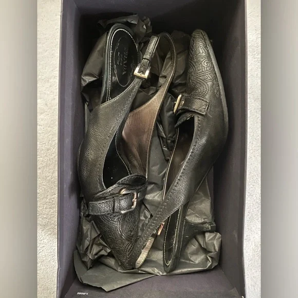 Prada Black Pointed Toe Slingback Heels with Buckle Accent - Picture 11 of 12